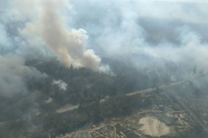 Aerial view of a forest fire with smoke rising over woodland