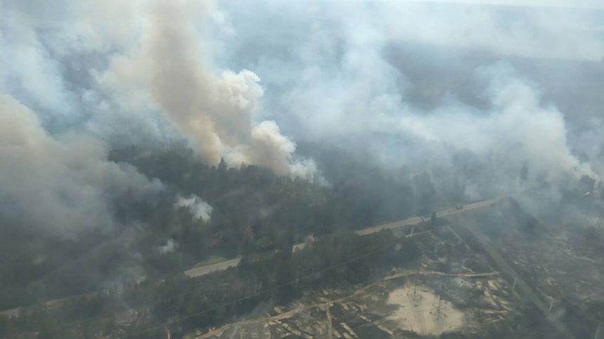 Aerial view of a forest fire with smoke rising over woodland