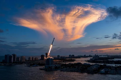 SpaceX rocket launch creating a glowing jellyfish cloud in the twilight sky over the US east coast