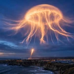 Luminous plume spreading across the evening sky