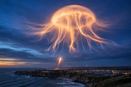 Luminous plume spreading across the evening sky